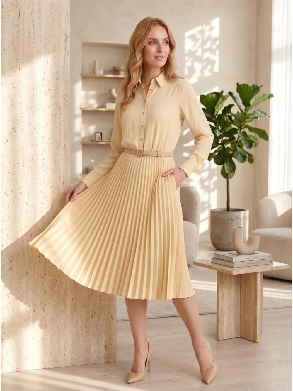🆕Women's Cream Work Dress with Belt Business Casual Midi Shirt Long Sleeve - Picture 5 of 5